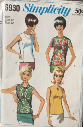 6930 Simplicity 1966 Overblouses Collars or Sleeves or Not Pattern 14 34B cut